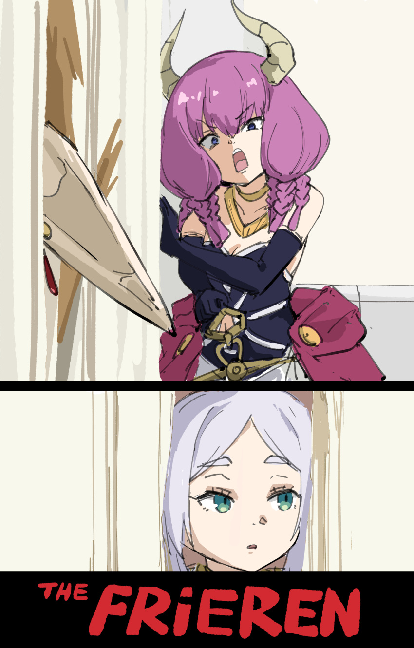 2girls, aqua_eyes, aura_(sousou_no_frieren), aura_bullying_(meme), black_gloves, character_name, commentary, demon_horns