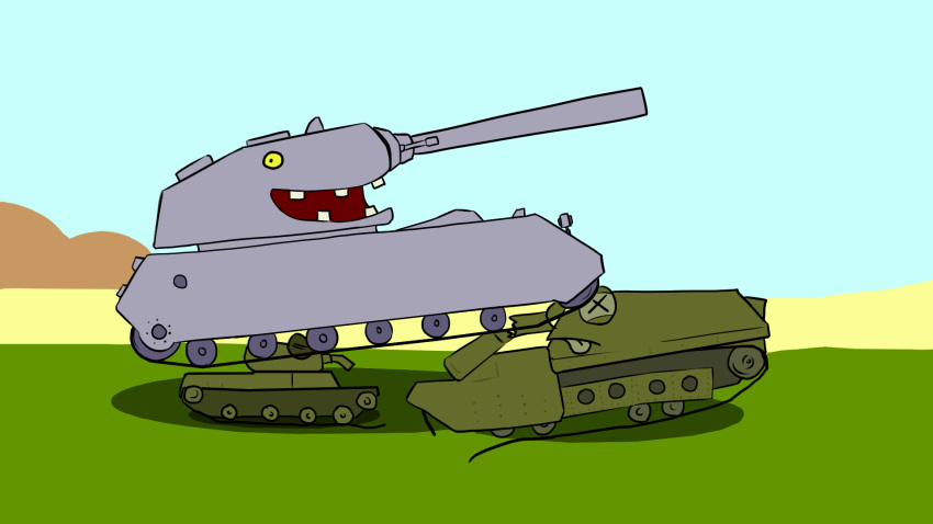 bernard_(zergchu), highres, maus_(tank), maus_(tankoon), military_vehicle, motor_vehicle, object_261, object_261_(tanktoon), ranzar, t-50-2, t-50-2_(tanktoon), tank, tanktoon, yellow_eyes
