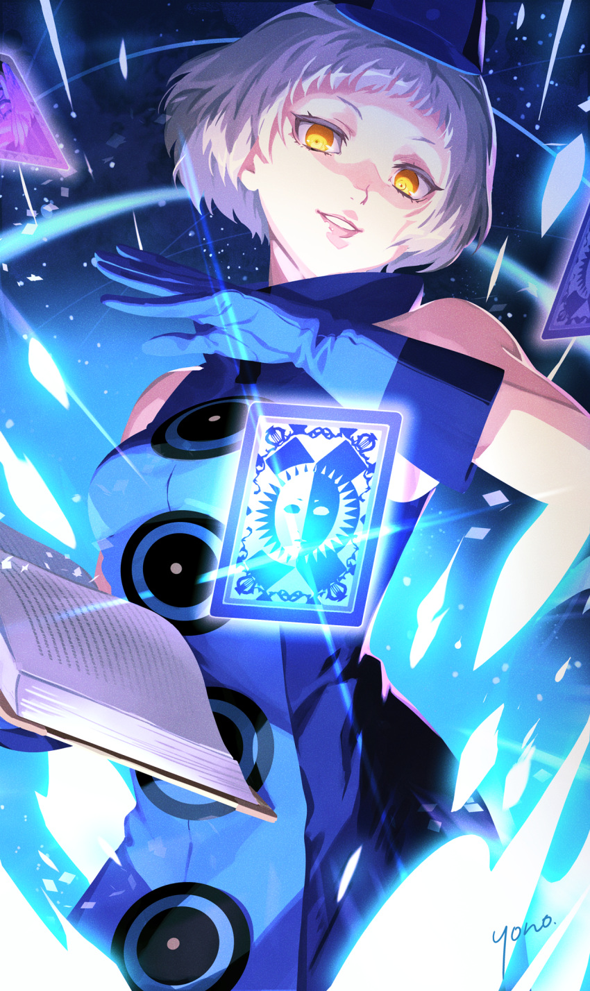 1girl, bare_shoulders, blue_dress, blue_gloves, blue_hat, book, card, casting_spell