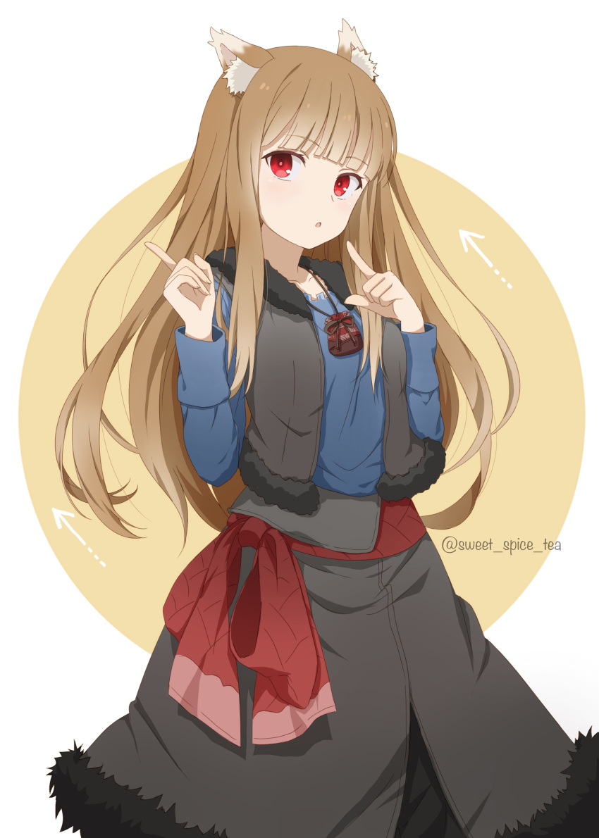 1girl, :o, absurdres, animal_ear_fluff, animal_ears, arrow_(symbol), black_skirt, black_vest