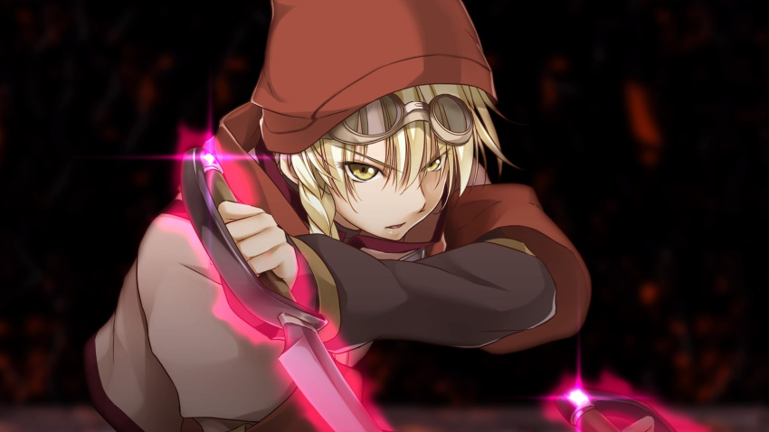 1boy, atelier-moo, blonde_hair, braid, dagger, dual_wielding, dungeon, glowing