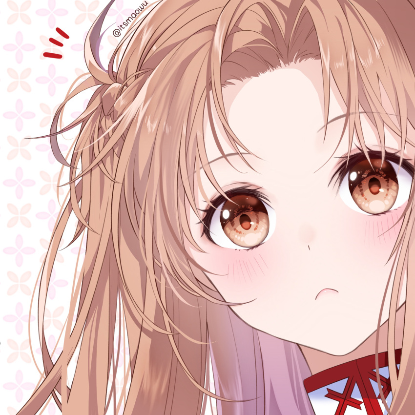 1girl, asuna_(sao), blush, braid, brown_eyes, brown_hair, commentary, french_braid