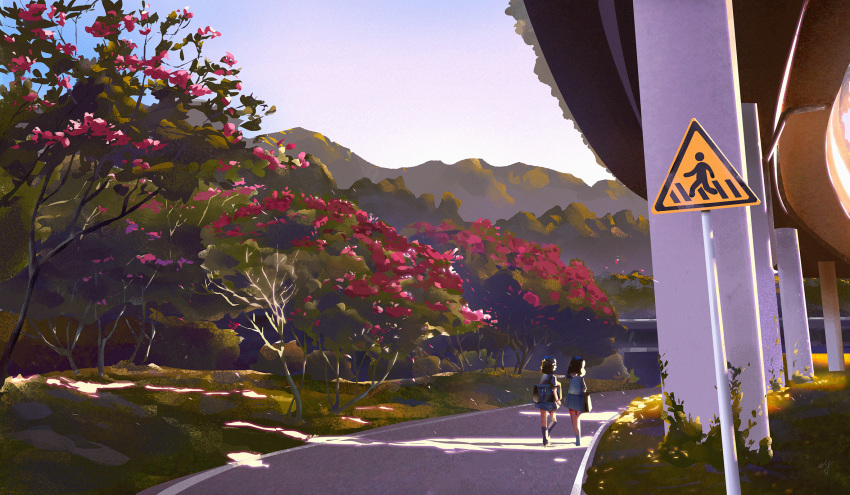 2girls, bag, black_hair, blue_footwear, blue_hat, blue_shirt, blue_skirt, blue_sky, blue_socks, commentary_request, day, elf_aqua, film_grain, flower, highres, medium_hair, mountainous_horizon, multiple_girls, original, outdoors, overpass, pleated_skirt, road, road_sign, scenery, shenzhen, shirt, shoes, sign, signature, skirt, sky, socks, street, tree