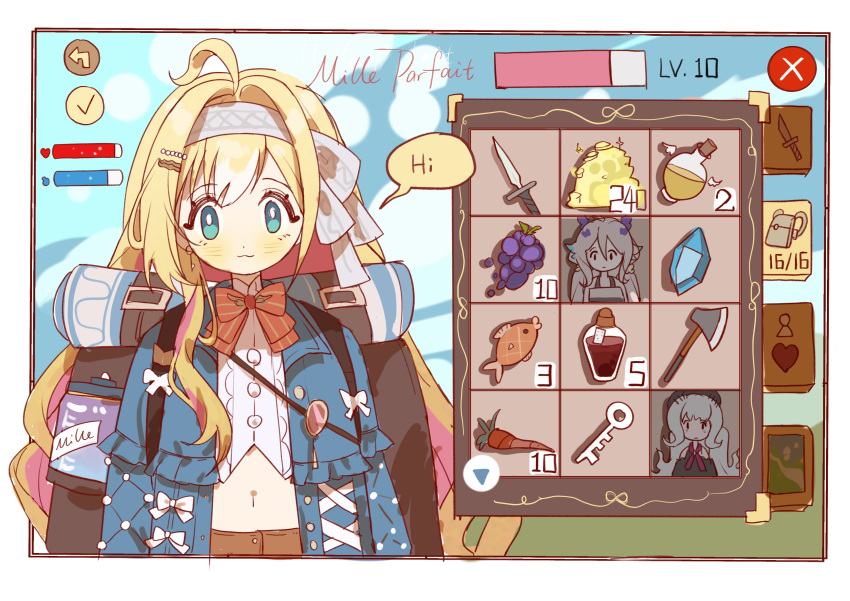 3girls, :3, absurdres, ahoge, aqua_eyes, axe, backpack, bag