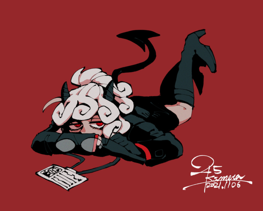 1girl, 25_kimera, boots, demon_girl, demon_horns, helltaker, highres, horns, knee_boots, long_hair, looking_at_viewer, pandemonica_(helltaker), solo, suit, white_hair