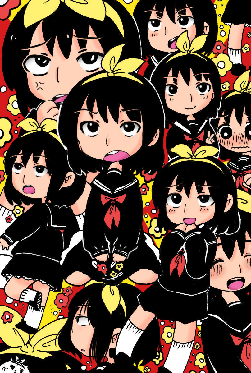 6+girls, ?, anger_vein, ankle_socks, artist_request, black_eyes, black_hair, black_sailor_collar