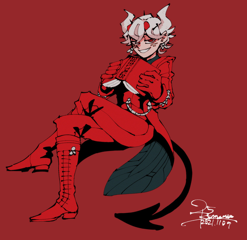 1girl, 25_kimera, beelzebub_(helltaker), book, boots, demon_girl, demon_horns, freckles