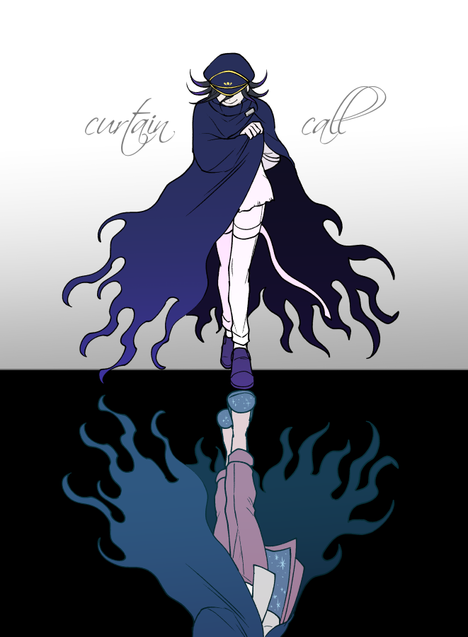2boys, arm_behind_back, black_background, black_hair, cloak, danganronpa_(series), danganronpa_v3:_killing_harmony, different_reflection