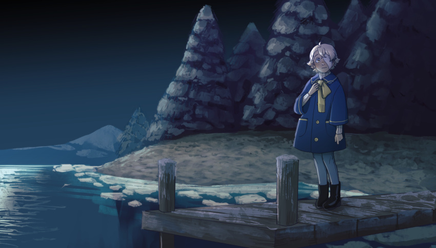 1boy, bandage_over_one_eye, black_footwear, blonde_hair, blue_jacket, braid, buttons, closed_mouth, crossyloid, english_commentary, freckles, hair_between_eyes, hand_on_own_chest, highres, jacket, light_blush, maghni_ai, male_focus, neckerchief, official_art, oliver_(maghni_ai), oliver_(vocaloid), pocket, short_hair, single_braid, sky, solo, standing, tree, vocaloid, water, yellow_eyes, yellow_neckerchief, yellow_trim