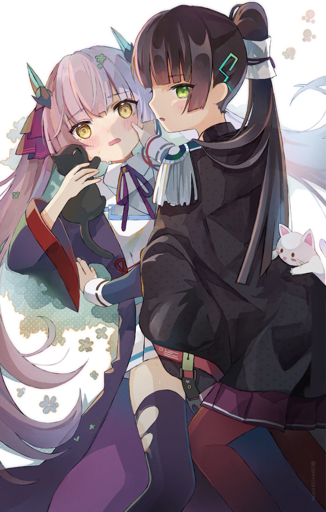 2girls, black_cat, black_coat, black_hair, blush, cat, coat, epaulettes