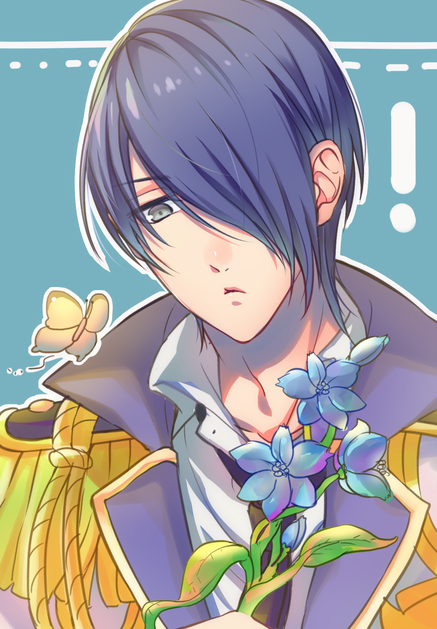 !, 1boy, ayakura_azuma, blue_background, bug, butterfly, epaulettes, flower