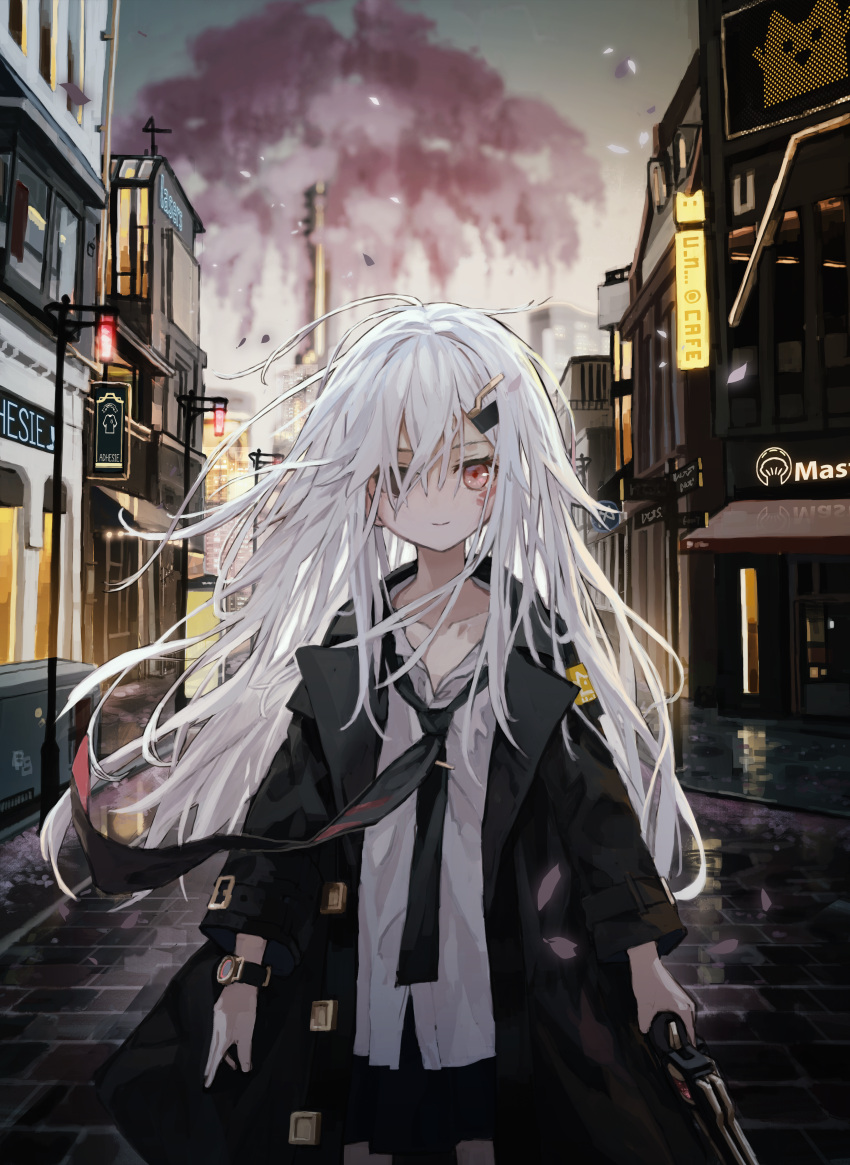 1girl, absurdres, black_coat, black_necktie, blue_skirt, brick_road, cherry_blossoms, city