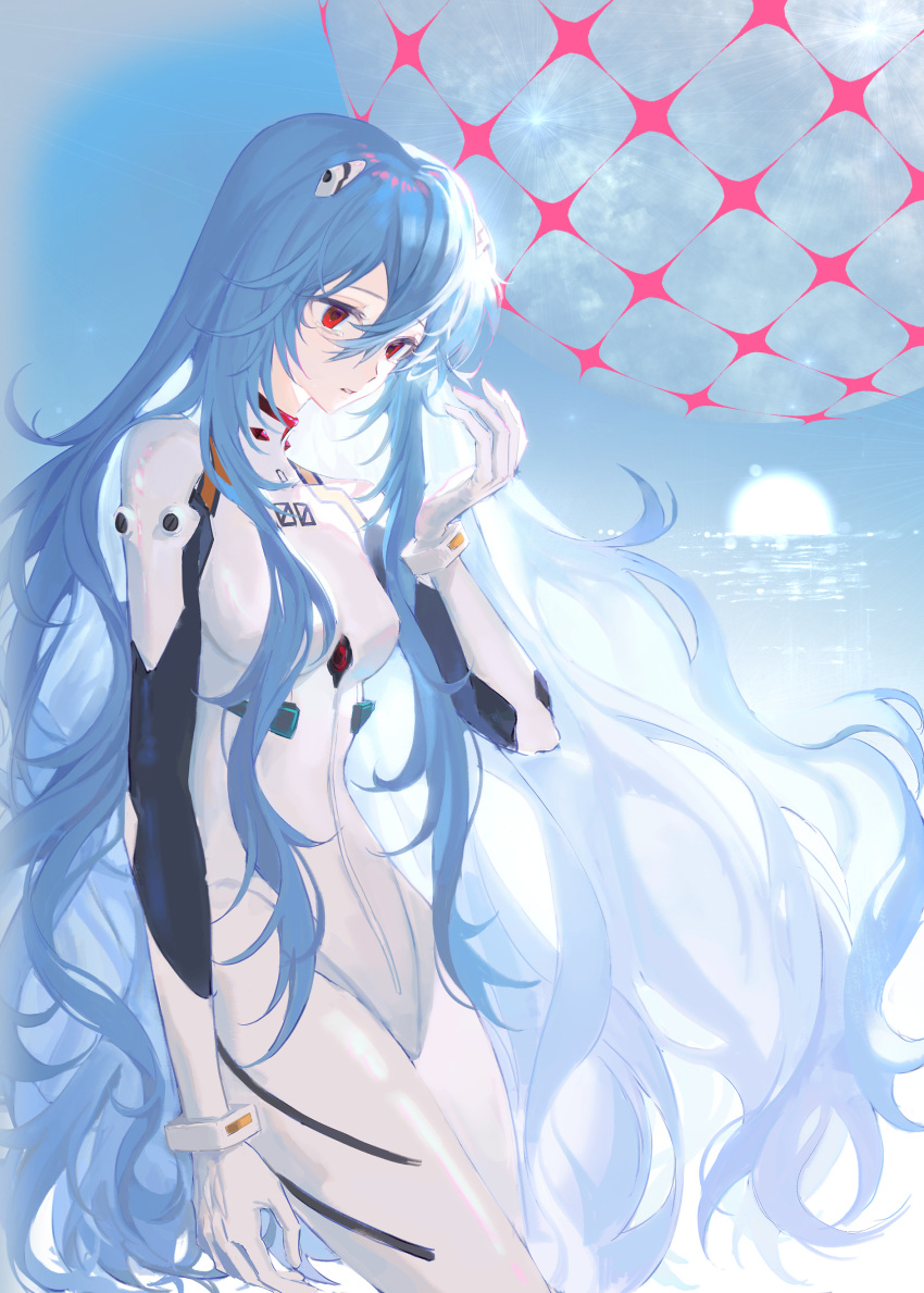 1girl, absurdres, arm_at_side, ayanami_rei, blue_hair, blue_sky, bodysuit, chinese_commentary