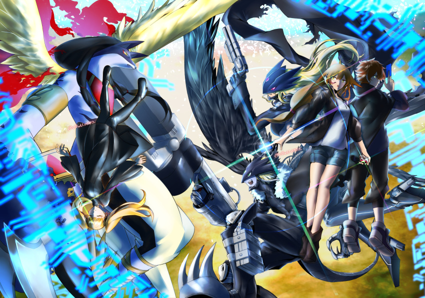 2boys, 3girls, absurdres, aged_up, ai_(digimon_tamers), alice_mccoy, alternate_universe, ankle_gun