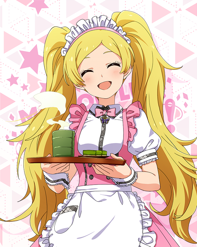 1girl, :d, apron, blonde_hair, blush, bow, bowtie, breasts, butterfly_ornament, closed_eyes, cup, dot_nose, dress, emily_stewart, eyelashes, fluffy_hair, food, frilled_apron, frilled_skirt, frills, green_tea, holding, holding_tray, idolmaster, idolmaster_million_live!, idolmaster_million_live!_theater_days, long_hair, looking_at_viewer, maid_headdress, matcha_(food), official_alternate_costume, official_art, open_mouth, pink_bow, pink_bowtie, pink_dress, pretty_waitress_(idolmaster), puffy_short_sleeves, puffy_sleeves, serving, shirt, short_sleeves, sidelocks, skirt, small_breasts, smile, solo, standing, starry_background, steam, straight-on, tea, thigh-highs, tray, twintails, upper_body, very_long_hair, wagashi, waist_apron, waitress, white_apron, white_shirt, white_thighhighs, wrist_cuffs, yunomi