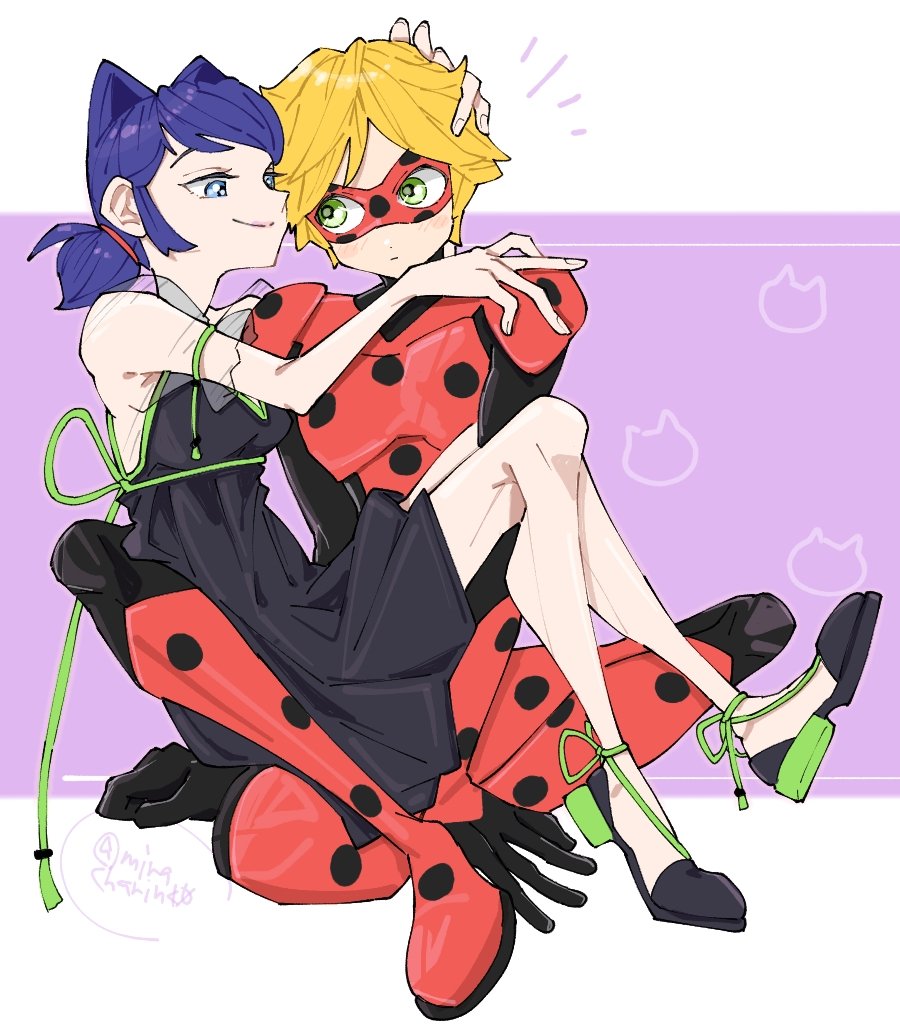 1boy, 1girl, adrien_agreste, animal_ears, black_dress, blonde_hair, blue_eyes, blue_hair