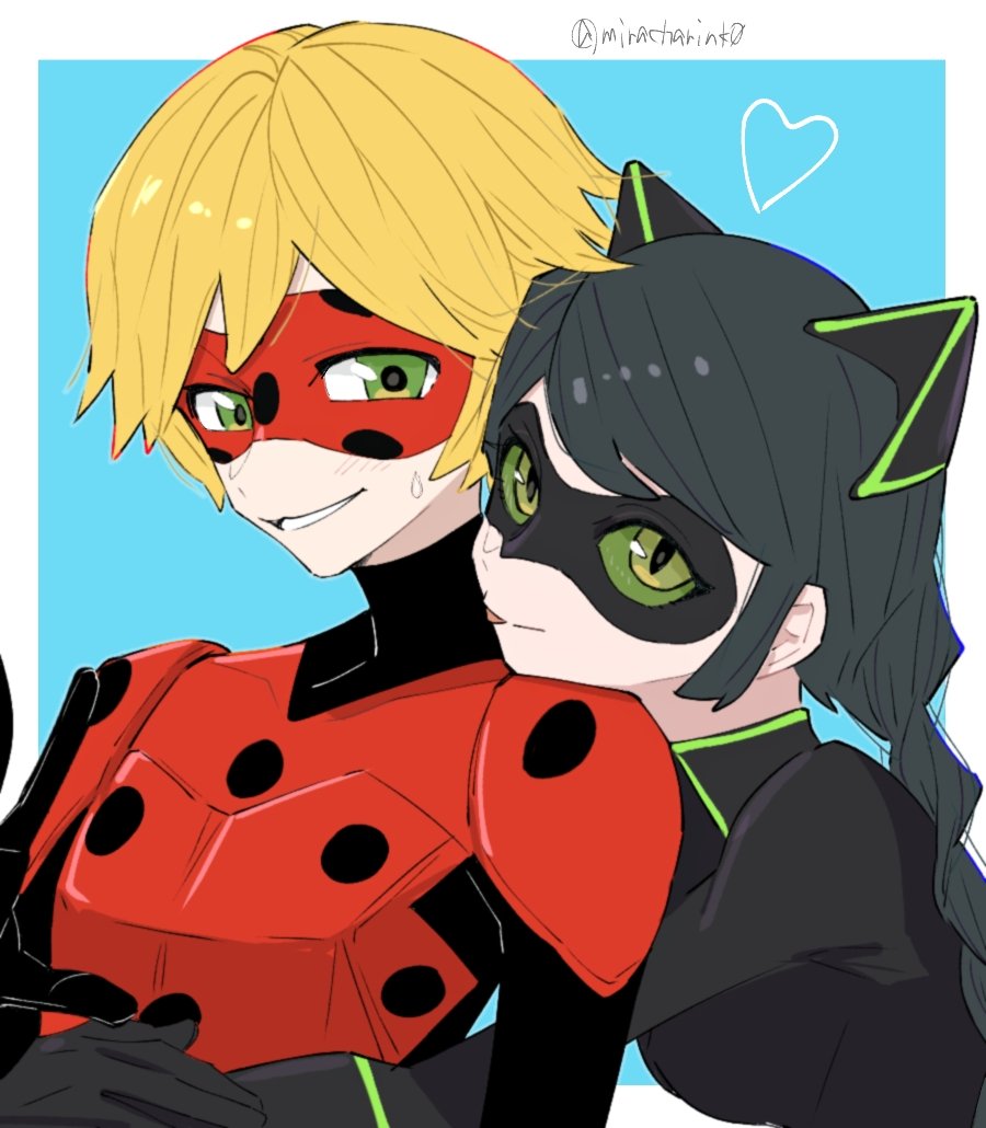 1boy, 1girl, adrien_agreste, animal_ears, black_bodysuit, black_hair, black_mask, blonde_hair