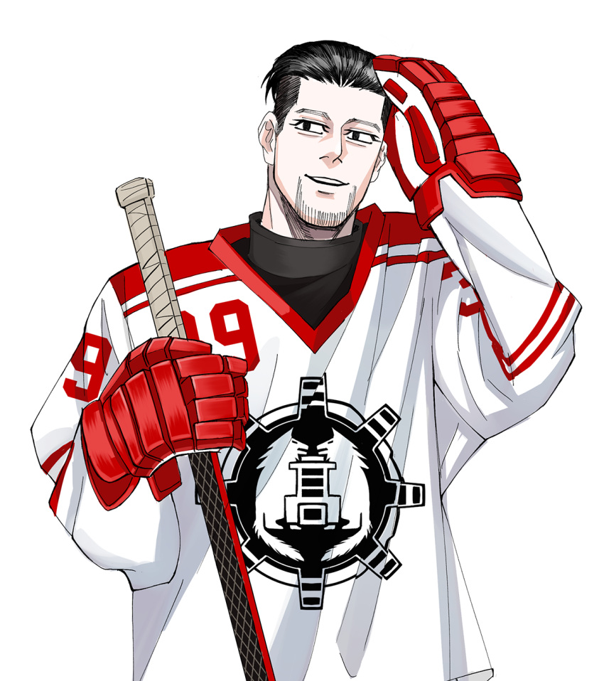 1boy, arm_up, black_eyes, black_hair, dogsred, facial_hair, hair_slicked_back, highres, holding_hockey_stick, kita_(sever1220), male_focus, simple_background, solo, sportswear, stubble, tsunemaru_youta, white_background