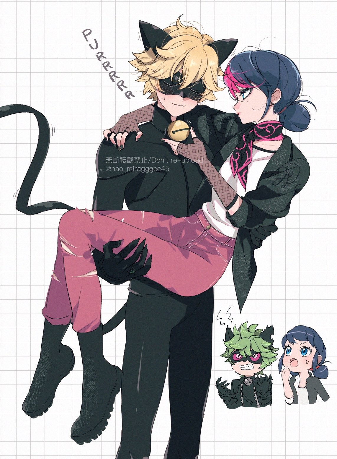 2boys, 2girls, adrien_agreste, animal_ears, bell, black_bodysuit, black_footwear, black_jacket