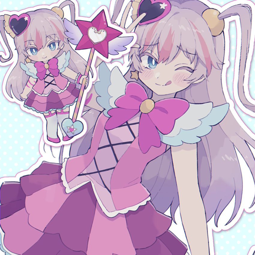 1girl, ;q, arm_up, blue_background, blue_eyes, blush_stickers, bow, bowtie