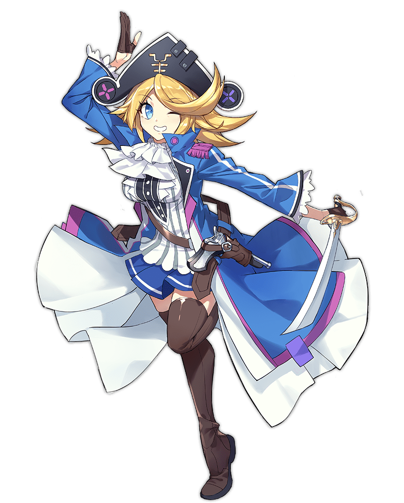1girl, ark_order, ascot, belt, blonde_hair, blue_coat, blue_eyes, blue_skirt