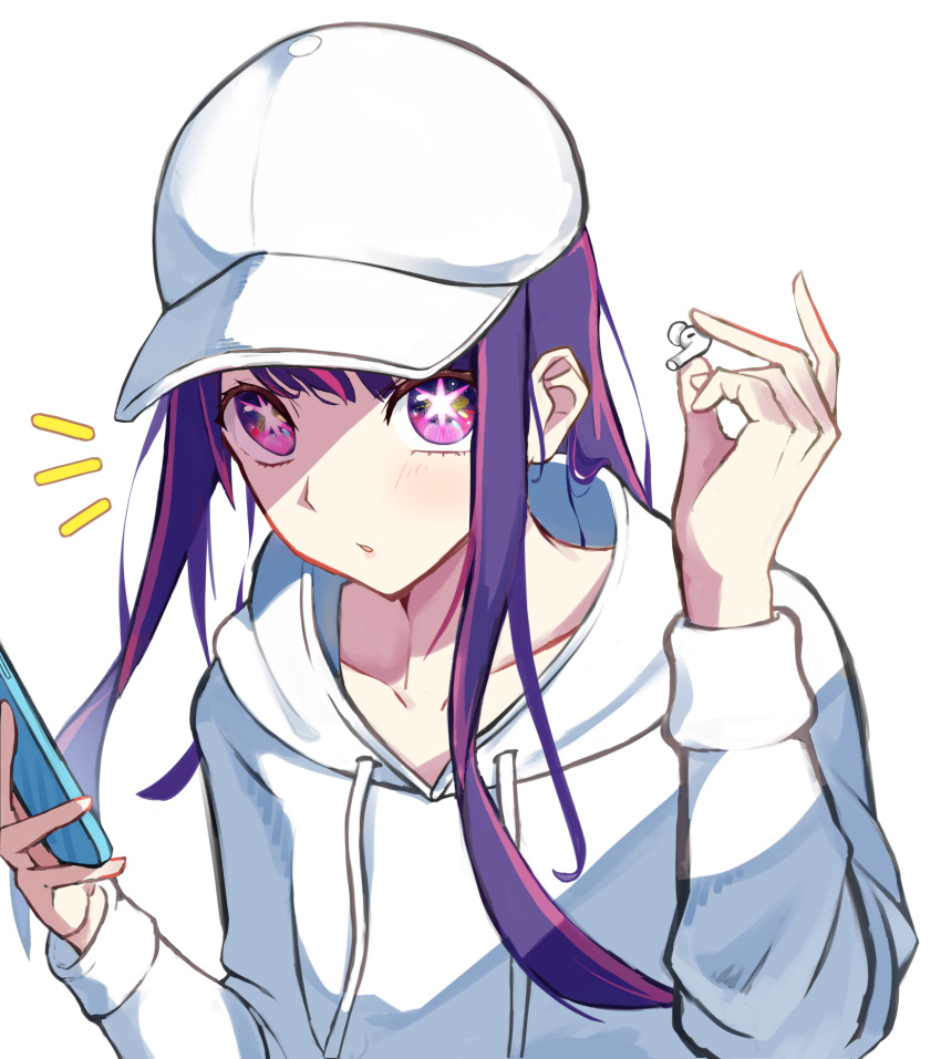 1girl, airpods, baseball_cap, cellphone, earphones, hat, highres, holding