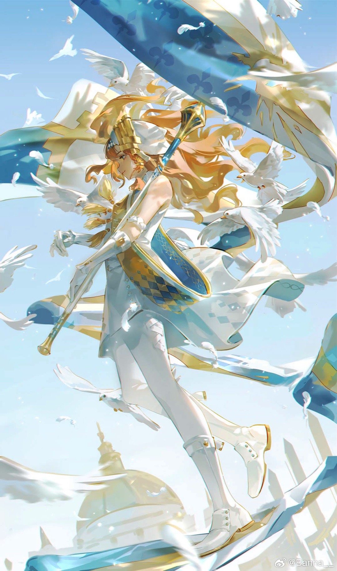 1girl, banna_(weibo_6655128937), banner, bare_shoulders, beret, bird, blue_sky, boots, building, checkered_hairband, closed_mouth, dome, dove, dress, falling_feathers, feathers, floating_hair, foot_up, from_side, full_body, gloves, hat, highres, holding_baton, knee_boots, long_hair, looking_ahead, orange_hair, outdoors, pantyhose, profile, reverse:1999, sash, short_dress, shoulder_sash, sky, sleeveless, sleeveless_dress, solo, sonetto_(parade_anthem)_(reverse:1999), sonetto_(reverse:1999), standing, standing_on_one_leg, tassel, weibo_logo, weibo_username, white_bird, white_dress, white_feathers, white_footwear, white_gloves, white_hat, white_pantyhose, yellow_sash