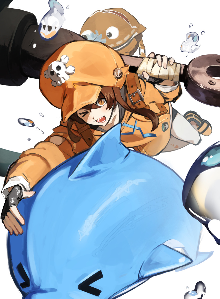 >_<, 1girl, absurdres, anchor, black_gloves, blush, brown_hair, cabbie_hat