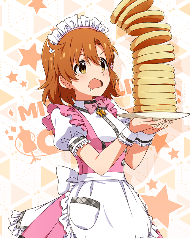 1girl, ahoge, apron, blush, bow, bowtie, breasts, butterfly_ornament, cowboy_shot, dot_nose, dress, drooling, food, frilled_apron, frilled_skirt, frills, hair_between_eyes, holding, holding_plate, idolmaster, idolmaster_million_live!, idolmaster_million_live!_theater_days, looking_at_object, maid_headdress, medium_breasts, official_alternate_costume, official_art, open_mouth, orange_hair, pancake, pancake_stack, pink_bow, pink_bowtie, pink_dress, plate, pretty_waitress_(idolmaster), puffy_short_sleeves, puffy_sleeves, serving, shirt, short_hair, short_sleeves, sidelocks, skirt, solo, standing, starry_background, thigh-highs, upper_body, v-shaped_eyebrows, waist_apron, waitress, wavy_hair, white_apron, white_shirt, white_thighhighs, wrist_cuffs, yabuki_kana