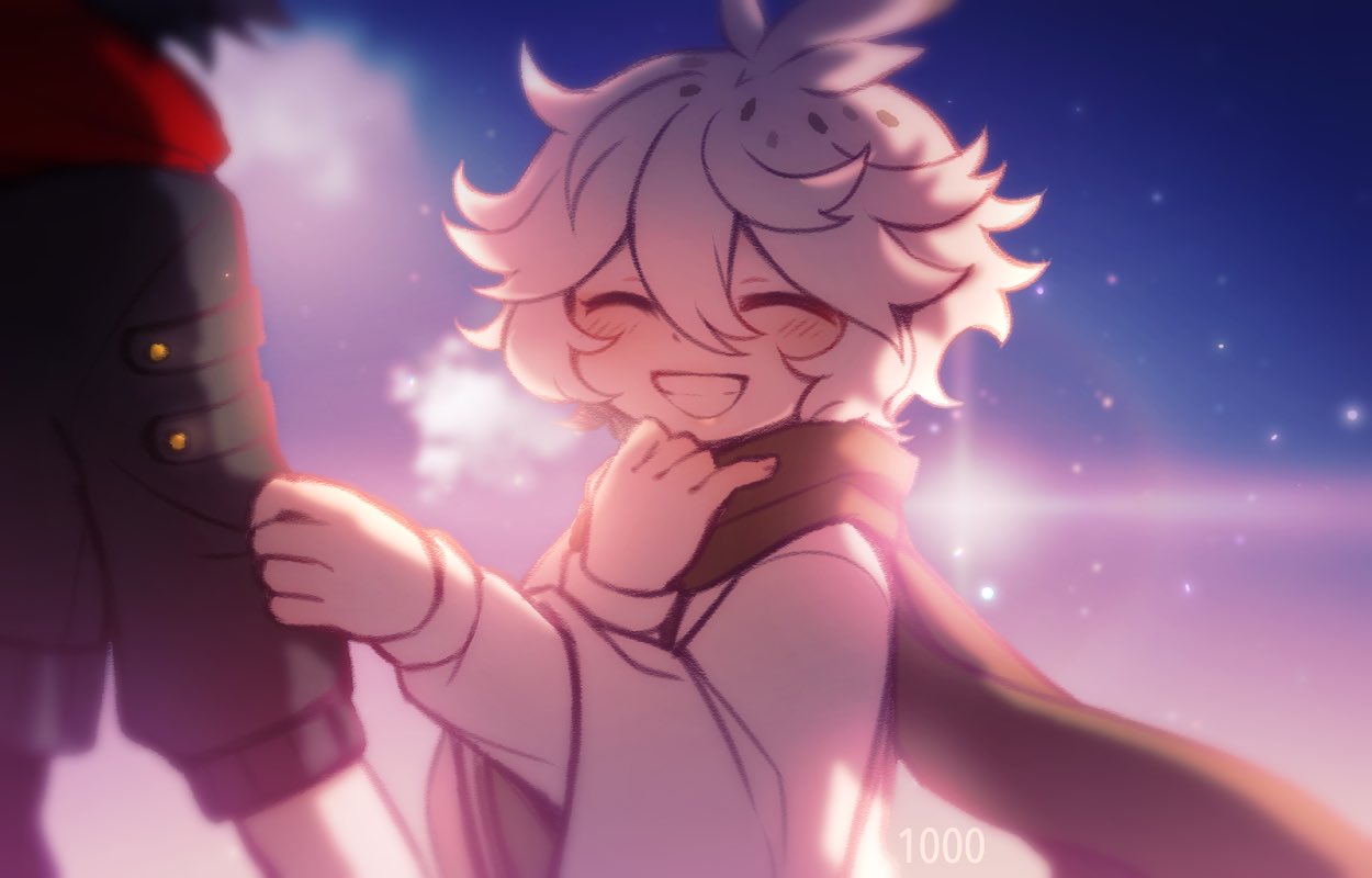 2boys, ^_^, black_hair, black_jacket, blue_background, blurry, blurry_foreground, brown_scarf, closed_eyes, colored_skin, english_commentary, funamusea, gradient_background, hair_between_eyes, hand_on_another's_arm, ice_scream, jacket, japanese_clothes, kimono, lens_flare, licowish, light_blush, light_particles, male_focus, multiple_boys, out_of_frame, purple_background, red_scarf, rock_(funamusea), scarf, smile, solo_focus, watermark, white_hair, white_kimono, white_skin, yukisada