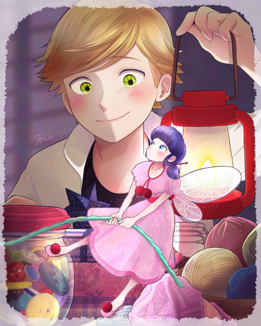 1boy, 1girl, adrien_agreste, black_shirt, blonde_hair, blue_eyes, blue_hair, blush