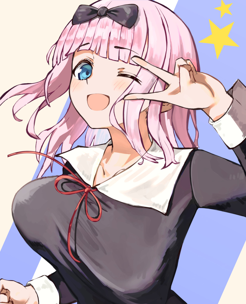 1girl, absurdres, black_bow, black_dress, blue_eyes, blunt_bangs, bow, breasts