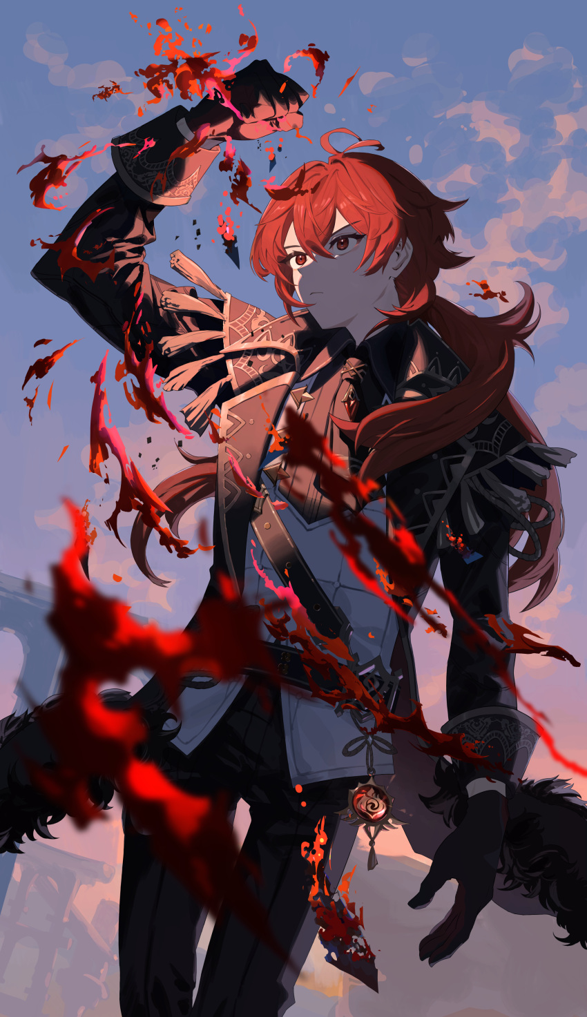1boy, absurdres, arm_up, black_gloves, black_jacket, black_pants, blurry, blurry_foreground, closed_mouth, day, diluc_(genshin_impact), floating_hair, frown, genshin_impact, gloves, hair_between_eyes, highres, isaka_(221175), jacket, long_hair, male_focus, open_clothes, open_jacket, outdoors, pants, ponytail, red_eyes, redhead, solo, thigh_gap, vest, white_vest