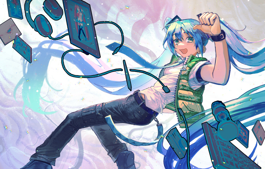 1girl, absurdres, black_footwear, black_pants, blue_eyes, blue_hair, commentary, down_vest