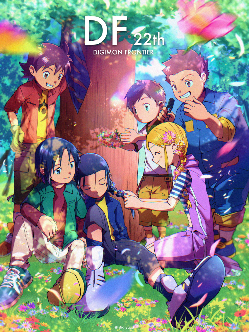 1girl, 5boys, absurdres, anniversary, bandana, blonde_hair, blue_bandana, blue_hair