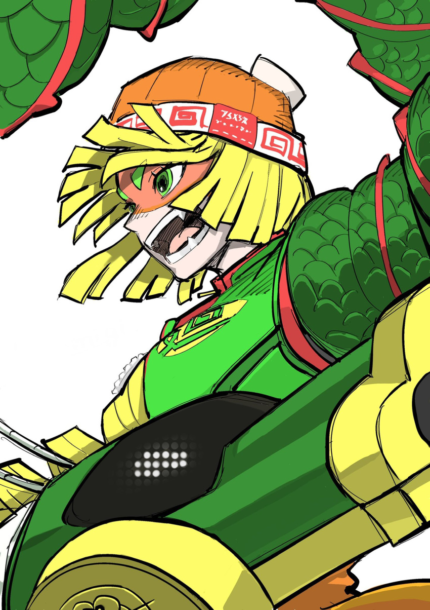 1girl, arms_(game), beanie, blonde_hair, blunt_bangs, bob_cut, domino_mask, dragon_(arms)