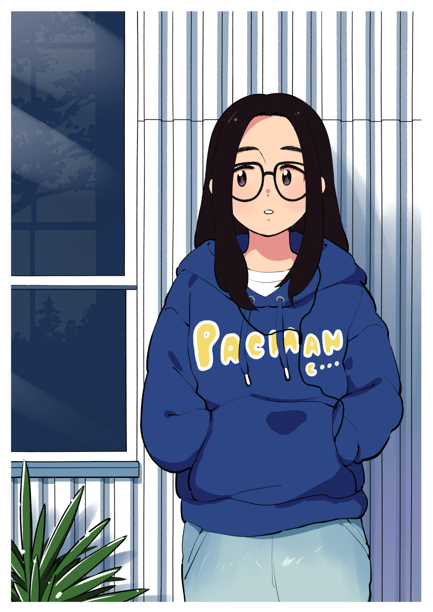 1girl, absurdres, aragon_honnin, black_hair, blue_hoodie, copyright_name, cowboy_shot, drawstring