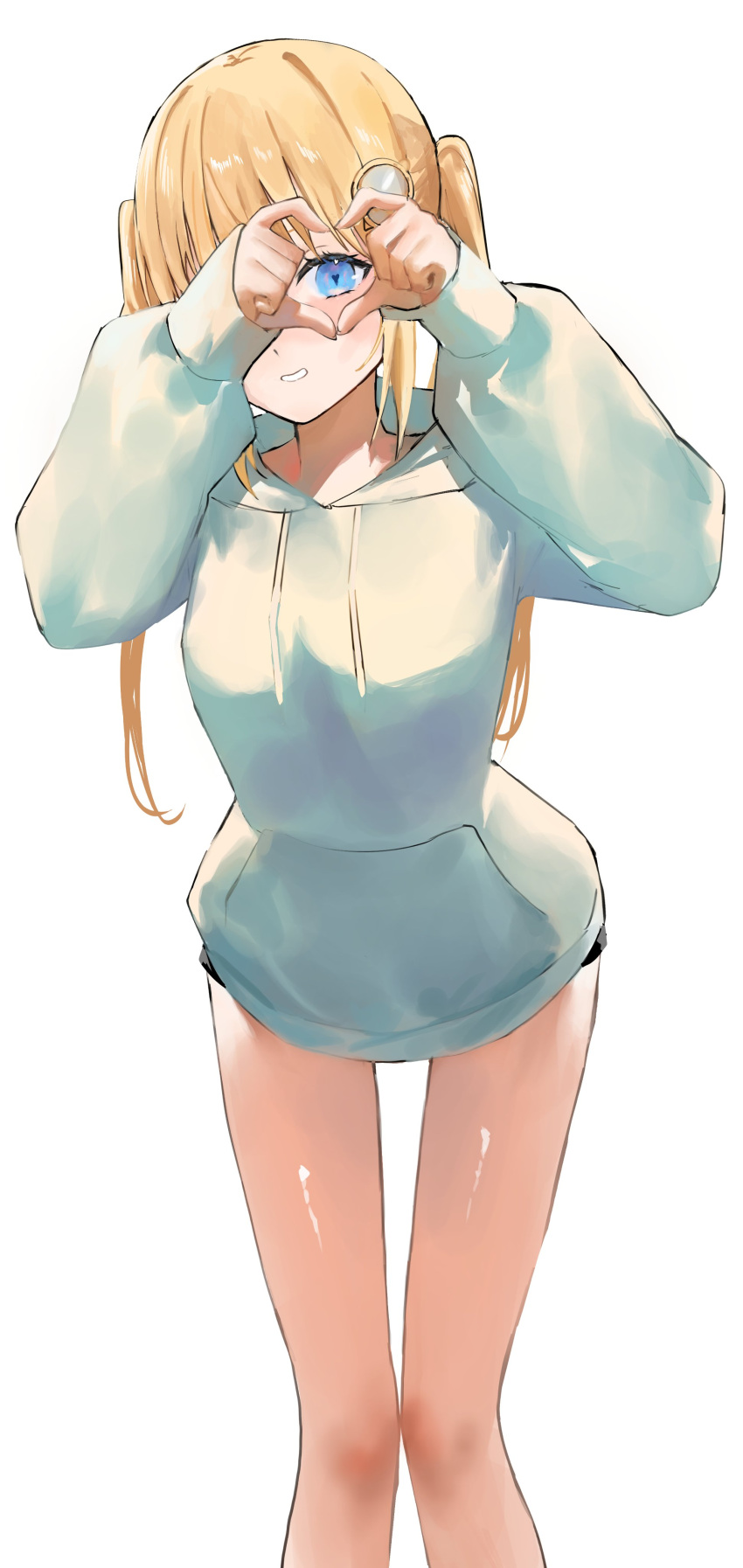 1girl, absurdres, alternate_costume, black_shorts, blonde_hair, blue_eyes, blush, hair_ornament, heart, heart-shaped_pupils, heart_hands, highres, hololive, hololive_english, hood, hoodie, kaze_22, long_hair, looking_at_viewer, short_shorts, shorts, smile, solo, symbol-shaped_pupils, twintails, virtual_youtuber, watson_amelia, white_background, white_hoodie