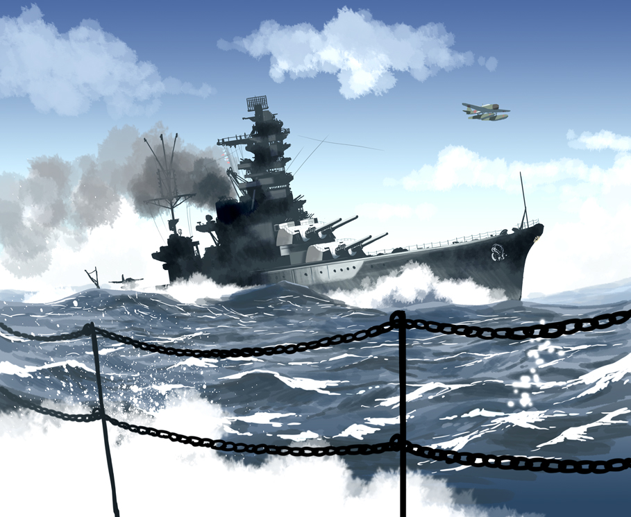 aichi_e13a, battleship, clouds, cloudy_sky, day, hyuuga_(battleship), imperial_japanese_navy, matsuda_juukou