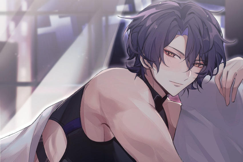 1boy, bare_shoulders, bed, bed_sheet, blue_hair, closed_mouth, clothing_cutout, dr._ratio_(honkai:_star_rail)