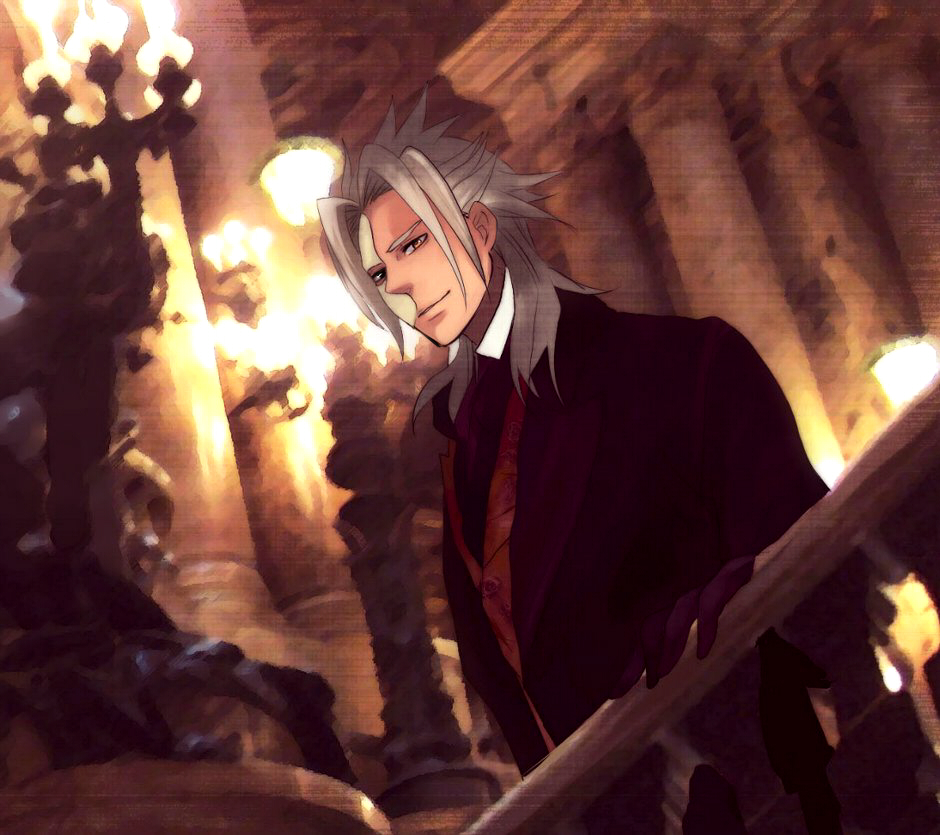 black_gloves, black_suit, blurry, blurry_background, candle, candlestand, column, commentary_request