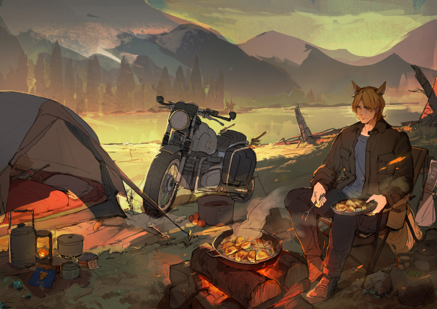 1boy, absurdres, animal_ears, arknights, black_jacket, black_pants, blonde_hair, blue_shirt