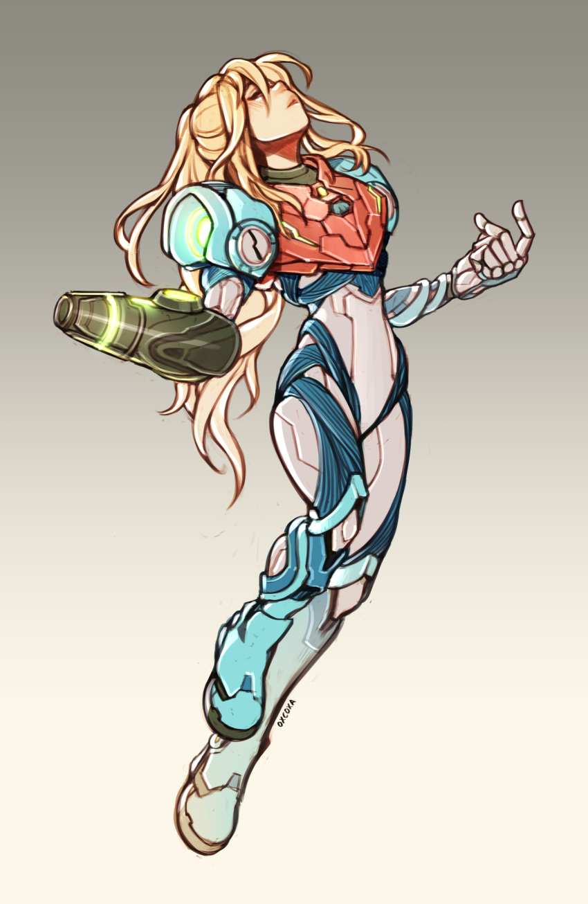 1girl, arm_cannon, armor, blonde_hair, full_body, glowing, highres, long_hair, metroid, metroid_dread, oxcoxa, ponytail, power_armor, power_suit, power_suit_(metroid), samus_aran, science_fiction, sidelocks, simple_background, solo, weapon, white_background