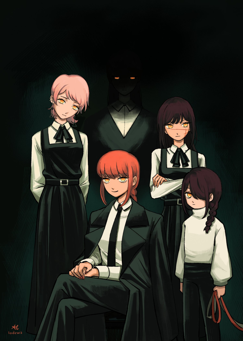 5girls, arms_behind_back, artist_name, asymmetrical_bangs, black_hair, black_necktie, black_pants, braid, braided_ponytail, breasts, brown_hair, business_suit, chainsaw_man, child, collared_shirt, cross_scar, crossed_arms, death_devil_(chainsaw_man), dress, earrings, expressionless, fami_(chainsaw_man), family_portrait, formal, glowing, glowing_eyes, habit, highres, holding, holding_leash, jewelry, leash, lodrws, long_hair, looking_at_viewer, looking_to_the_side, makima_(chainsaw_man), medium_breasts, medium_hair, mole, mole_on_cheek, mole_under_eye, mole_under_mouth, multiple_girls, multiple_moles, nayuta_(chainsaw_man), neck_ribbon, necktie, nun, office_lady, pants, pinafore_dress, pink_hair, redhead, ribbon, ringed_eyes, scar, scar_on_cheek, scar_on_face, scar_on_nose, school_uniform, shaded_face, shirt, shirt_tucked_in, siblings, sidelocks, signature, simple_background, sisters, sitting, sleeveless, sleeveless_dress, smile, strawberry_parfait, suit, tall_female, tassel, tassel_earrings, traditional_nun, white_shirt, yellow_eyes, yoru_(chainsaw_man)
