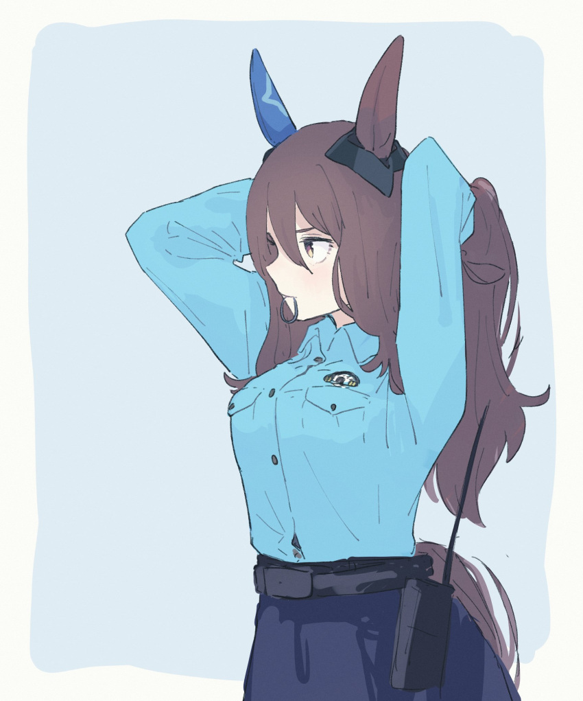 1girl, admire_vega_(umamusume), alternate_costume, animal_ears, arms_up, belt, blue_skirt, breast_pocket, brown_hair, closed_mouth, collared_shirt, ear_ornament, earrings, hair_between_eyes, hair_tie_in_mouth, highres, horse_ears, horse_girl, horse_tail, jewelry, long_hair, long_sleeves, looking_afar, mouth_hold, pocket, police, police_uniform, policewoman, shirt, shirt_tucked_in, single_earring, skirt, solo, tail, takahashi_(user_ctpu5572), tying_hair, umamusume, uniform, upper_body, walkie-talkie, yellow_eyes