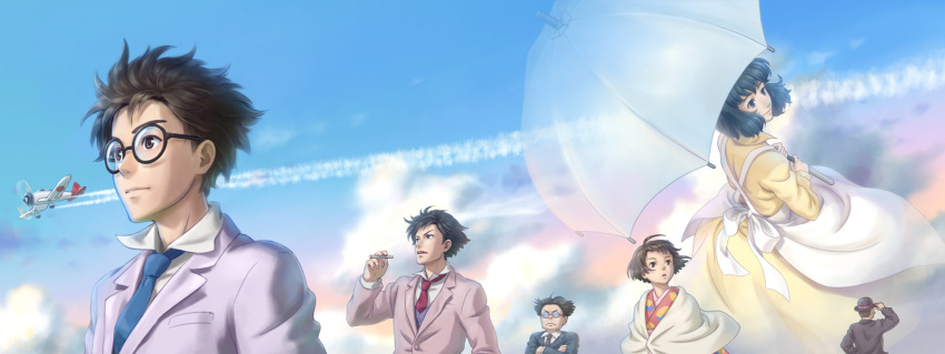 2girls, 4boys, adjusting_clothes, adjusting_headwear, aircraft, airplane, apron, arm_up
