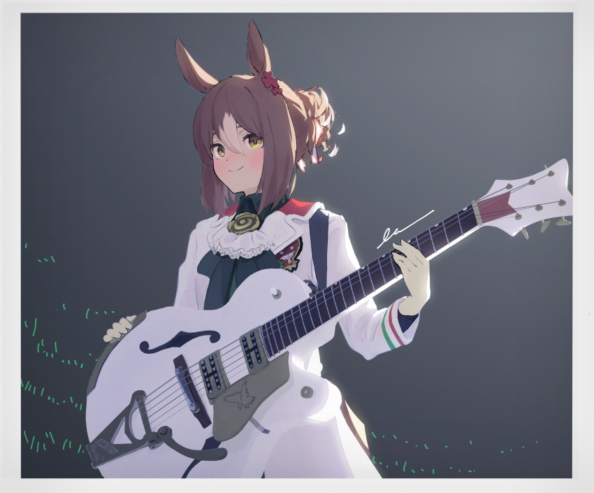 1girl, absurdres, animal_ears, ascot, black_shirt, blush, border, breasts