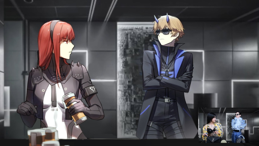 1boy, 1girl, black_bodysuit, black_headband, black_jacket, black_pants, black_shirt, blue_horns