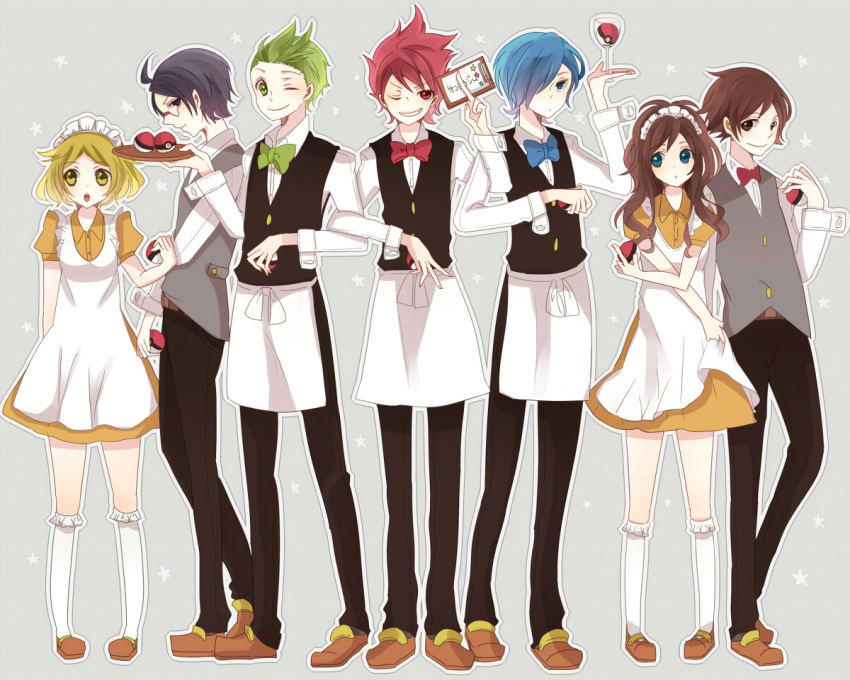 2girls, 5boys, ahoge, apron, bel_(pokemon), bell_(pokemon), black_hair, blonde_hair