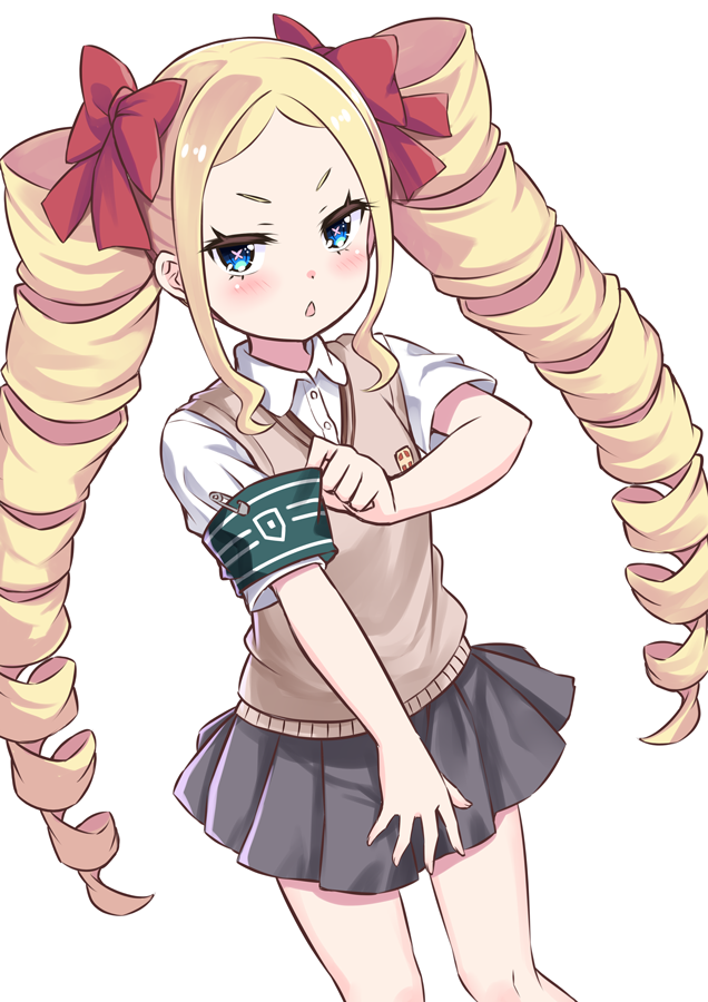 1girl, arai_satomi, armband, beatrice_(re:zero), black_skirt, blonde_hair, bow, butterfly-shaped_pupils, chestnut_mouth, commentary_request, cosplay, drill_hair, forehead, green_armband, hair_bow, long_hair, parted_bangs, pleated_skirt, re:zero_kara_hajimeru_isekai_seikatsu, red_bow, s_(hdru2332), school_uniform, shirai_kuroko, shirai_kuroko_(cosplay), shirt, short_sleeves, sidelocks, skirt, solo, sweater_vest, symbol-shaped_pupils, toaru_kagaku_no_railgun, toaru_majutsu_no_index, tokiwadai_school_uniform, twin_drills, twintails, v-shaped_eyebrows, vest, voice_actor_connection, white_background, white_shirt, yellow_vest